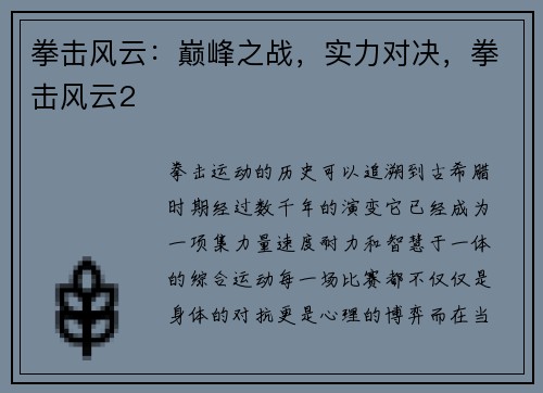 拳击风云：巅峰之战，实力对决，拳击风云2